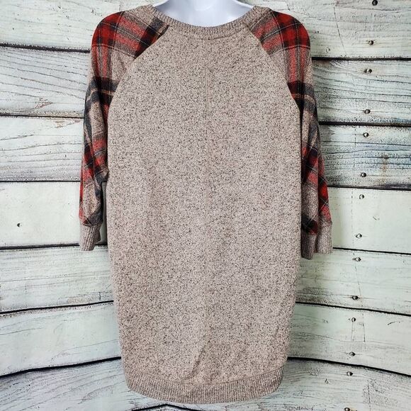 Maurices Beige Knit Sweater with Red Plaid Raglan Sleeves Cozy Pullover Size Sma - Picture 5 of 8